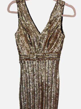 Lulus Gold Sequin Cocktail Dress XS Sleeveless V Neck Bodycon Party Mini Dress